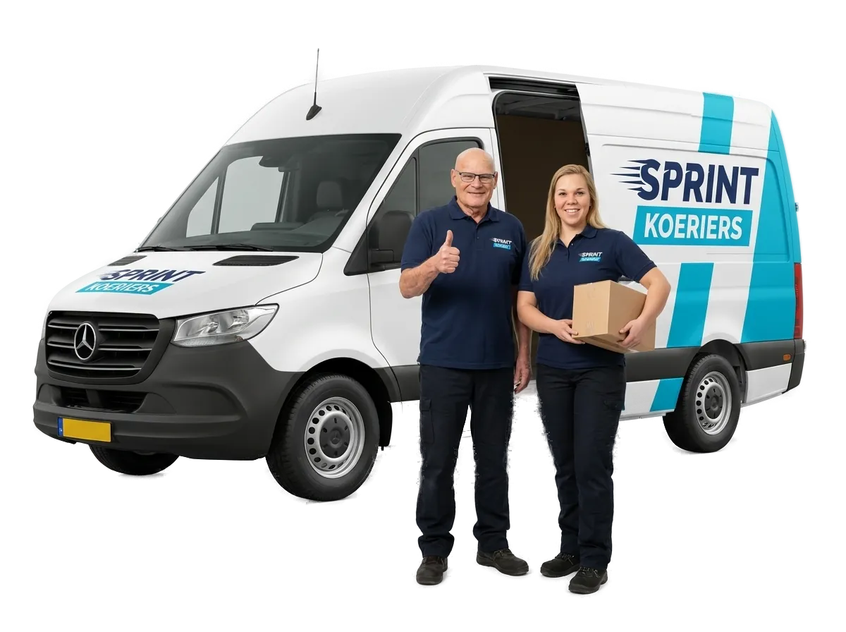 Sprint Koeriers chauffeur met armen over elkaar voor een Sprint Koeriers Sprinter bus